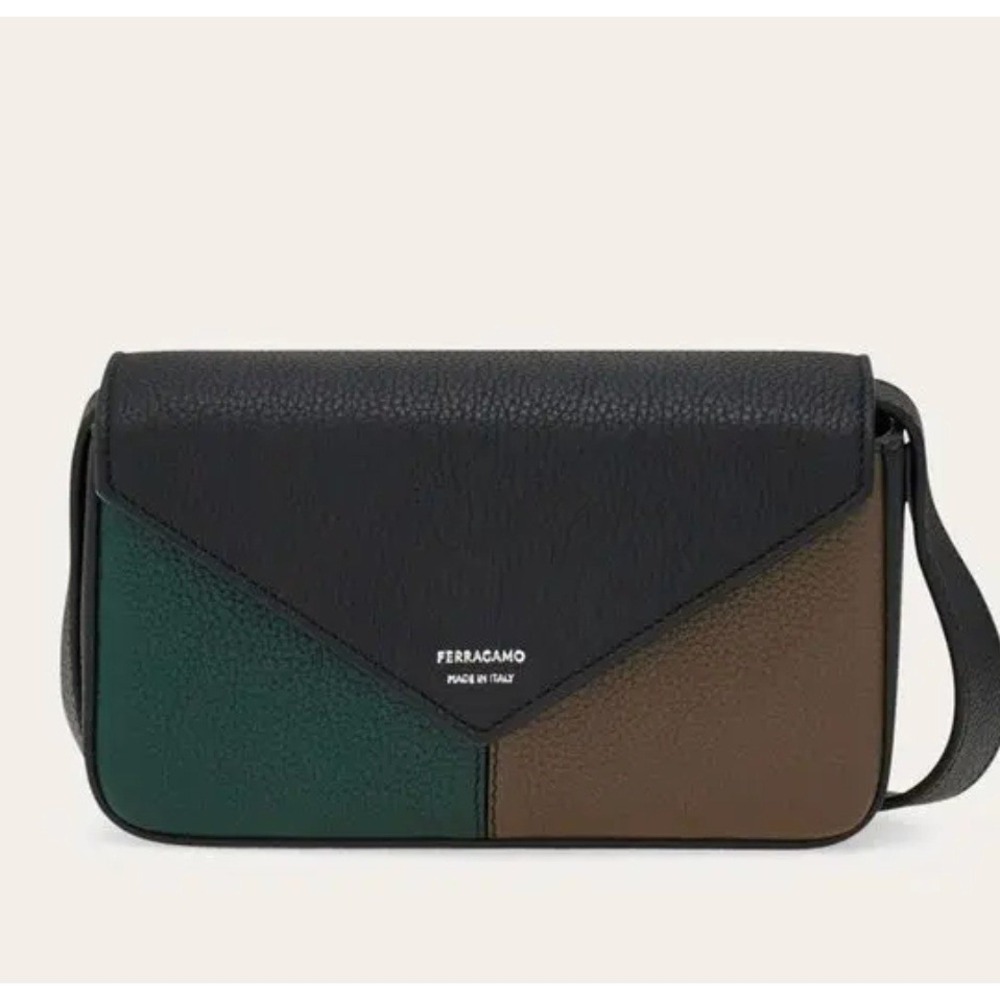 Ferragamo Mini Tricolor Hammered Leather Camera Bag Black Green Taupe Italy
